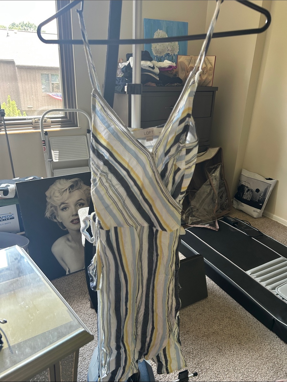 LOFT Striped Wrap Midi Dress in Yellow, Navy & White